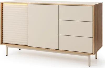 Obrázek produktu pro BETTSO Moderní dvoudveřová komoda LATILO z kašmíru a olejovaného dubu s LED osvětlením