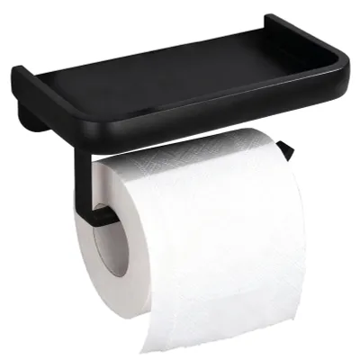 Produktbild von Toilettenpapierhalter mit Ablage, bohrfreie Wandmontage, Aluminiumlegierung, schwarz, Toilettenpapierhalter mit Handyablage für das Badezimmer (matt schwarz)