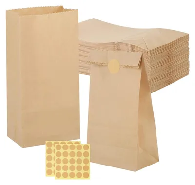 Produktbild von 50 Stück kleine Papiertüten (Braun, 9x18x5.5cm) mit Aufkleber, DIY Geschenktüten für Hochzeit, Candy Bar, Geburtstag