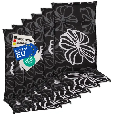 Produktbild von NYVI Gartenstuhl Auflagen Hochlehner 6er Set Barcelona - UV-Beständig, Atmungsaktiv, Strapazierfähig - Hochlehnerauflagen Sitzkissen Outdoor - Sitzauflagen für Gartenstühle 118x50cm Black Flower