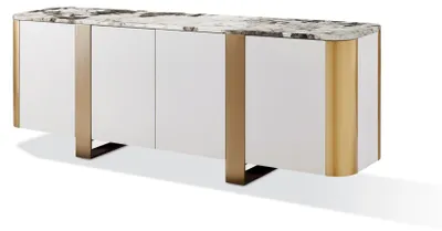 Immagine prodotto di Mobile contenitore laterale FURNLUX, modello Stilig, bianco e oro, 200 cm. Colore principale: bianco. Dimensioni: 200 x 85 x 40 cm