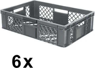 Produktbild von 6x Eurobehälter durchbrochen/Stapelkorb, PE-HD grau, Industriequalität, lebensmittelecht, LxBxH 600 x 400 x 150 mm