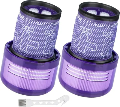 Two purple vacuum cleaner filters and a small white cleaning brush are displayed against a white background.