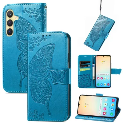 Produktbild von Für Samsung Galaxy S25 Plus 5G Kunstleder Wallet Handy Tasche Schmetterling Design Hülle Etuis Blau