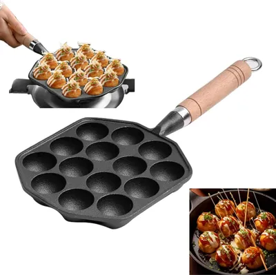 Obrázek produktu pro Pánev na takoyaki, toastovací pánev, 14 jamek, 3,6 cm jamky, grilovací pánev na takoyaki, pánev na taiyaki, litinová pánev Aebleskiver, pánev na poffertjes, s odnímatelnou rukojetí