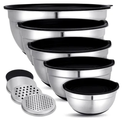 Produktbild von Rührschüssel Set mit Deckel, Edelstahl Salatschüsseln mit luftdichtem Deckel, 3 Reibenaufsätzen, rutschfest und stapelbar