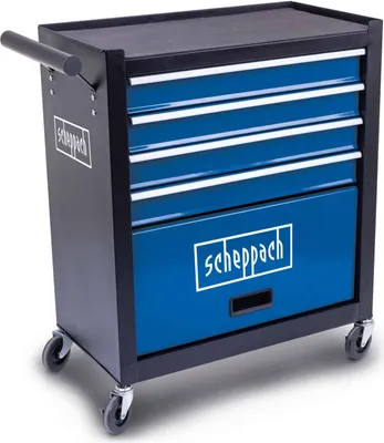 A blue and black tool cart with multiple drawers and wheels, shown from a slightly angled front view.
