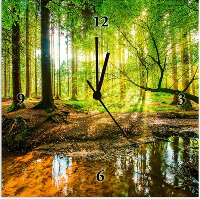 Produktbild von ARTland Wanduhr auf Alu Funkuhr - schwarzer Zeiger Wald mit Bach Größe: 30x30 cm