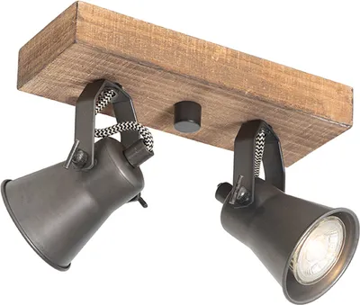 Produktbild von QAZQA - Landhaus I Vintage Ländlicher Spot I Spotlight I Deckenspot I Deckenstrahler I Strahler I Lampe I Leuchte schwarz mit Holz 2-flammig-flammig verstellbar - Jelle I Wohnzimmer I Schlafzimmer - L