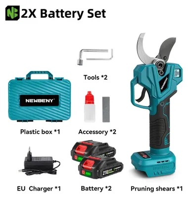 Immagine prodotto di Potatore elettrico - Potatore a batteria - 21V, motore brushless, senza fili - 4 velocità - Diametro di taglio di 75 mm - Lame Acciaio al carbonio SK5 - Set con 2 batterie