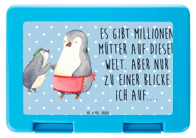 Produktbild von Mr. & Mrs. Panda Lunchbox Pinguin mit Kind - Blau Pastell - Geschenk, Mutti, Brotzeitbox, Bentobox, Mama, Papa, Muttertag, Essensbox, Vorbild, Vesperbox, Snackbox