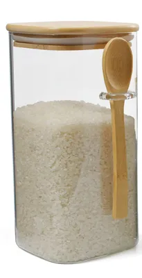 Zdjęcie produktu dla Szklany pojemnik Maxxo Bamboo 1200 ml z bambusową pokrywką i łyżeczką – stylowe przechowywanie mąki, kawy, cukru, makaronu i ciastek