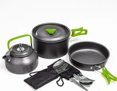 Image de Ustensiles de camping pour cuisine extérieure avec couverts pour 2 personnes Vert