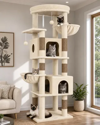 Imagen del producto de Color beige, 188 cm de altura, 2 casas para gatos, plataformas acolchadas, juguete de felpa, ideal para gatos grandes de 5 kg en adelante