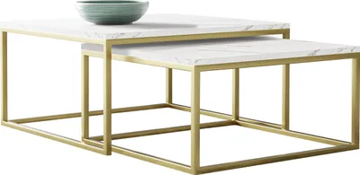 Produktbild von MIRJAN24 Im Set zwei Couchtische Dual Gold, Vierkantrohrrahmen aus Stahl, Kaffeetisch-Set 2-tlg (Farbe: Gold / Bianco Marmor)
