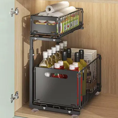 Zdjęcie produktu dla Dwupoziomowy organizer do szuflad – regulowana półka kuchenna – półka pod zlew – z szufladą – do przypraw i naczyń kuchennych