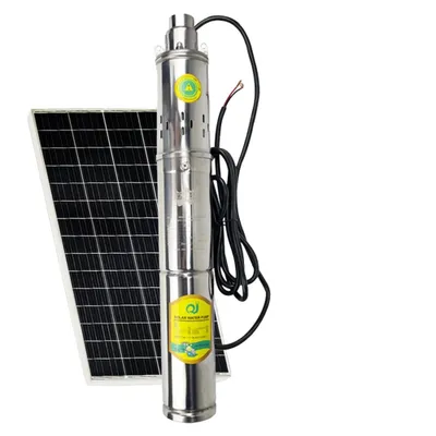 A solar-powered submersible water pump and a solar panel are shown against a white background.