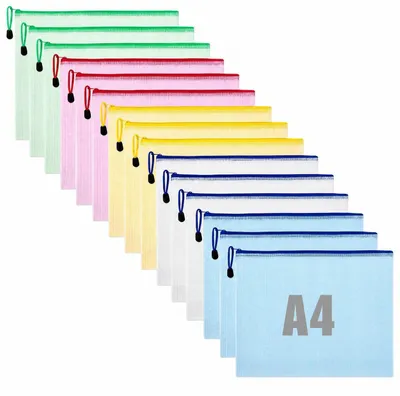 Produktbild von Dokumententaschen A4 mit Reißverschluss, 15 Stück, wasserdicht, PVC, 5 Farben