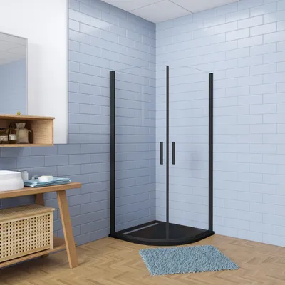 Produktbild von 80x80xH.195cm Runddusche Drehtür Dusche Viertelkreis Schwarz Duschkabine 6mm NANO ESG Sicherheitsglas mit 80x80x3cm Runddusche Schwarz Duschwanne Viertelkreis runde Duschtasse