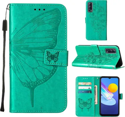 Immagine prodotto di VIVO Y72 5G Case, Farfalla Rilievo Flip Custodia in pelle con tasca per carte e stand per VIVO Y72 5G / Y52 5G verde