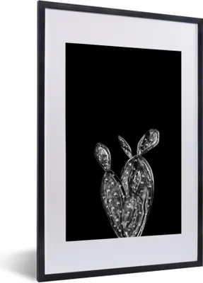 Produktbild von MuchoWow® Gerahmtes Poster Blätter eines Kaktus auf schwarzem Hintergrund - schwarz und weiß 40x60 cm - Poster mit Schwarzem Bilderrahmen Wandposter Rahmen Foto Bilder - Poster in Rahmen