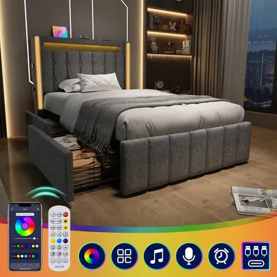 Productafbeelding van Zerbaco gestoffeerd éénpersoonsbed, 90x200 cm, met 2 lades, LED-verlichting, USB- en Type-C-oplaadfunctie, grijs, zonder matras