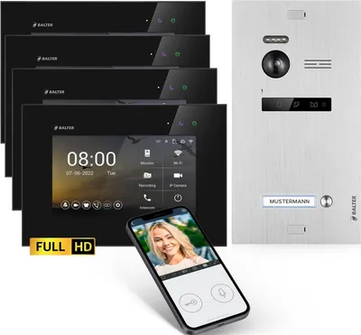 Produktbild von HD Video Türsprechanlage mit Smartphone App für 1 Familienhaus, 4x Monitor, Balter EVO HD WLAN Schwarz