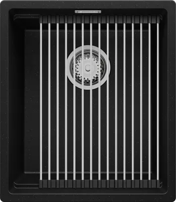 Produktbild von PRIMAGRAN Unterbauspüle Granit Schwarz Metallic 41x47cm, Spülbecken 1 Becken + Ablauf-Set + Aufrollbare Abtropffläche, Granitspüle ab 45er Unterschrank - Praga