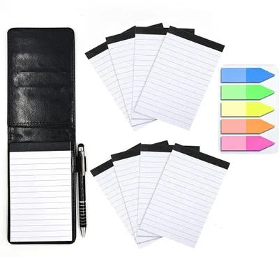 Produktbild von Notizbuch A7 Set mit Stift, 8 Ersatzblöcke, 100 Haftnotizen, schwarz, für Reise