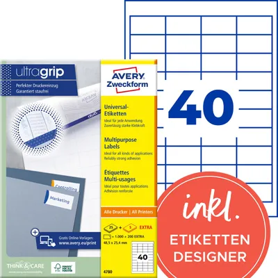 Obrázok produktu pre Avery 4780, Biela, Samolepiaci štítok, A4, Papája, Laserový, Permanentný