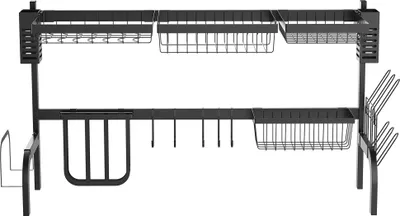 Produktbild von 2-stufiges Abtropfgestell Geschirrspüler aus Stahl, 100 cm schwarz mit Haken, platzsparendes Tellerregal