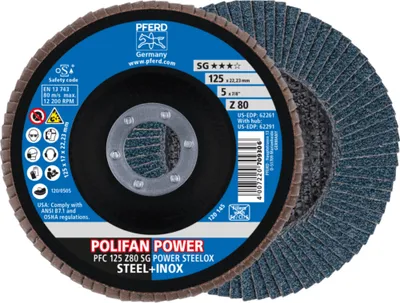 Produktbild von PFERD TOOLS POLIFAN POWER Fächerscheibe PFC 125x22,23 mm konisch Z80 SG STEELOX Stahl/Edelstahl