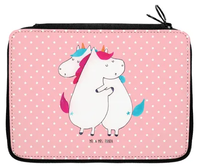 Produktbild von Mr. & Mrs. Panda Schlampermäppchen Einhörner Umarmen - Rot Pastell - Geschenk, Geschwister, Schulmäppchen, Familie, Federtasche, Bleistiftetui, Unicorn, Freundin, Einhorn