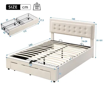 Productafbeelding van Bed met opbergruimte - Tweepersoonsbed - Fluweelbekleding - Lades - 140 x 190 cm - Beige