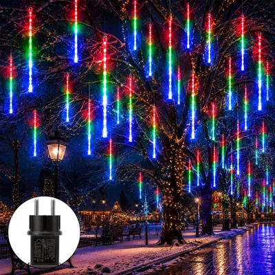Produktbild von 288 LED Meteorschauer Regen Lichter Eiszapfen Lichterkette Weihnachtsbeleuchtung Garten Weihnachten Halloween Deko, Bunt, 8 Röhren 50cm