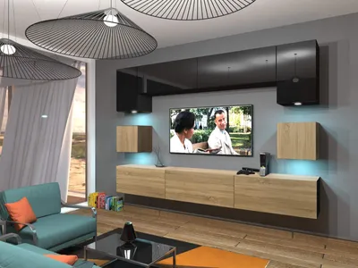Immagine prodotto di Furnitech Parete attrezzata soggiorno - Mobili da soggiorno con LED Blu - Parete attrezzata moderna - Parete attrezzata soggiorno (Nowara AN1-17BS-HGM34 1B)