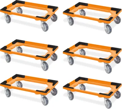 Produktbild von 6 Transportroller für 600x400 mm Drehstapelbehälter, offen, gr. Gummiräder, orange