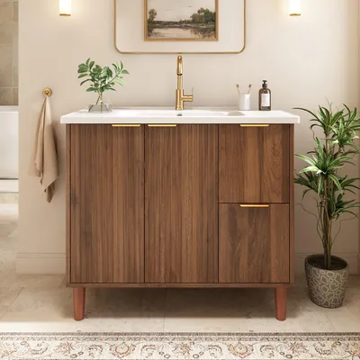 Immagine prodotto di Mobile sottolavabo Merax da 91 cm con 2 cassetti, mobile da bagno con lavabo in Vetroceramica, ante a listelli, doppia porta, maniglie dorate, impiallacciatura di noce