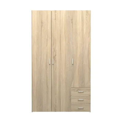 A three-door wardrobe with three drawers at the bottom right, displayed against a white background.