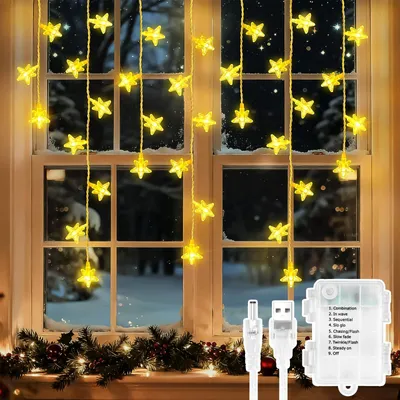 Lichterkette mit Sternen, 50 LEDs, warmweiß, Timer, 8 Modi