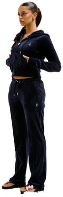 Image de Pantalon de jogging Juicy Couture en velours, modèle Tina, avec logo en strass, couleur bleu marine
