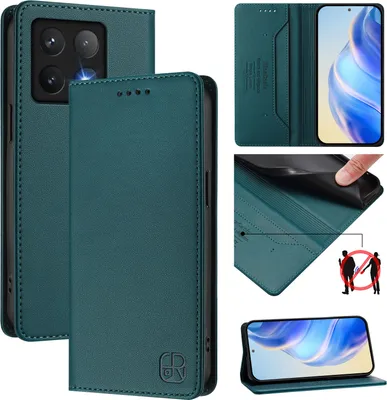 Immagine prodotto di Custodia in pelle per Xiaomi 14T, custodia flip con slot per carte, portafoglio e supporto Verde scuro