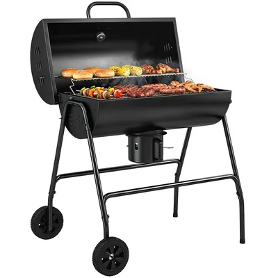 Produktbild von Holzkohlegrill aus Metall BBQ Smoker mit Deckel Thermometer Räder Grillwagen 95x71,5x102 cm Schwarz
