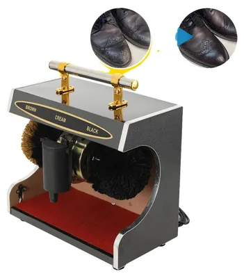Immagine prodotto di Pulitore automatico per scarpe, alimentato elettricamente, design compatto, colore nero e rosso, struttura in acciaio resistente, funzione di lucidatura automatica