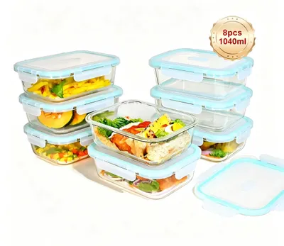 Productafbeelding van Glazen vershoudcontainers - voedselopslag - set van 8 - 1040 ml - borosilicaatglas - luchtdichte deksels - rechthoekig - vaatwasmachinebestendig