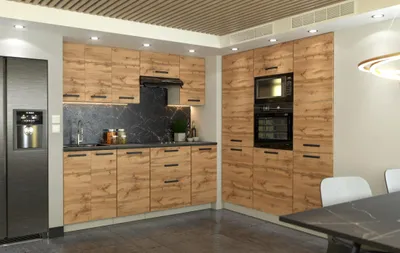 Produktbild von ULWEHOME | Eckküche 360 cm Eiche Wotan, L-Küche, Kühlschrankumbau, Backofen-Mikrowellenschrank, Vorratsschrank & geteilte Arbeitsplatten 140 cm