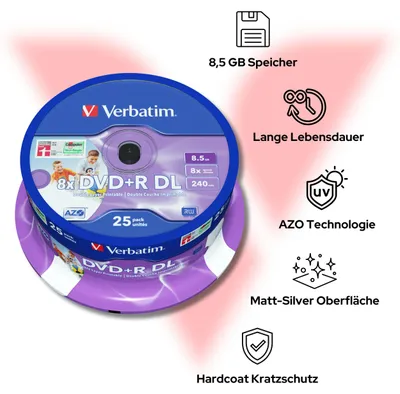Immagine prodotto di Verbatim DVD+R a doppio strato 8x argento opaco 25pk fuso, fuso