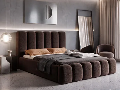 Produktbild von Polsterbett 180x200 mit Bettkasten VELARO, Stauraum und Metall-Lattenrost – Bouclé Stoff Braun
