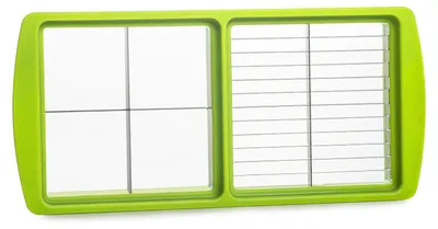 A top-down view of a green and gray vegetable dicer with two sections, one with cross-shaped blades and the other with parallel blades.