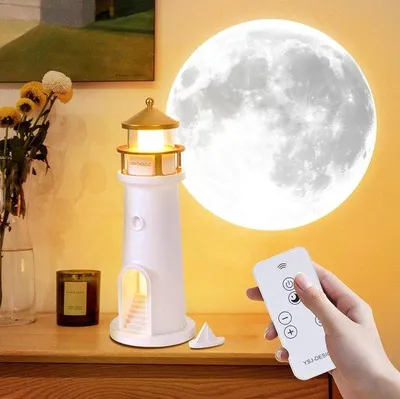 Obrázok produktu pre Projekčná lampa s motívom mesačného svitu – nabíjateľná lampa s motívom mesiaca a diaľkovým ovládaním, detská dekoratívna projekčná lampa v tvare majáku